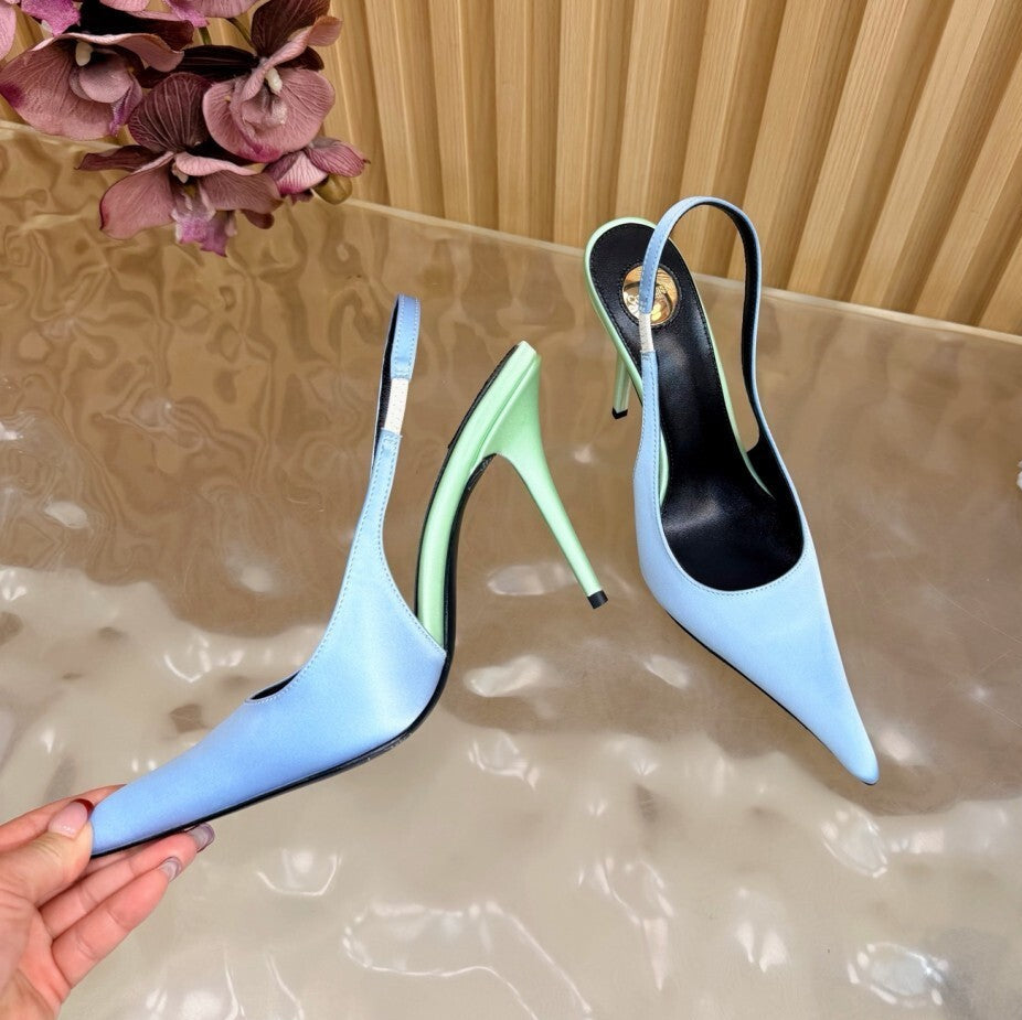 Saint Laurent Scarpin Slingback Deroche  Soft Blue & Pastel Green em  Crepe de Cetim