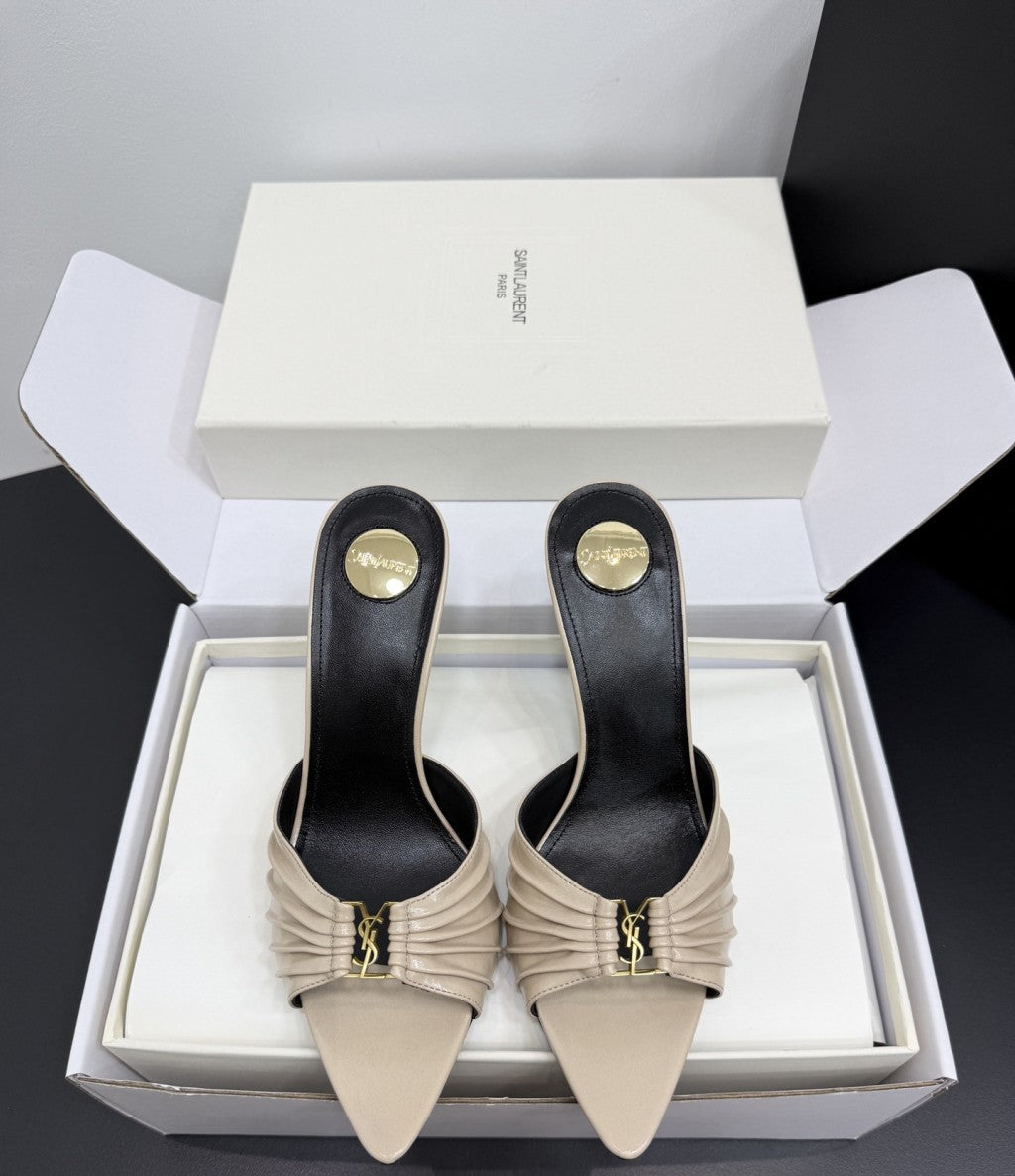 Saint Laurent Babylone Ruched Mules in Leather Ivory