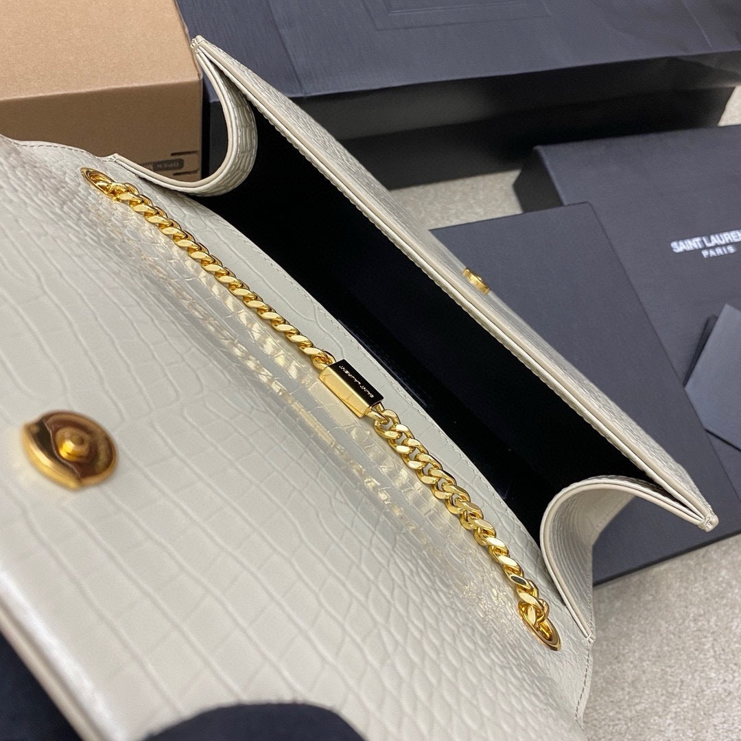 Saint Laurent Shoulder Bag Off-White Croc Ferragens Douradas