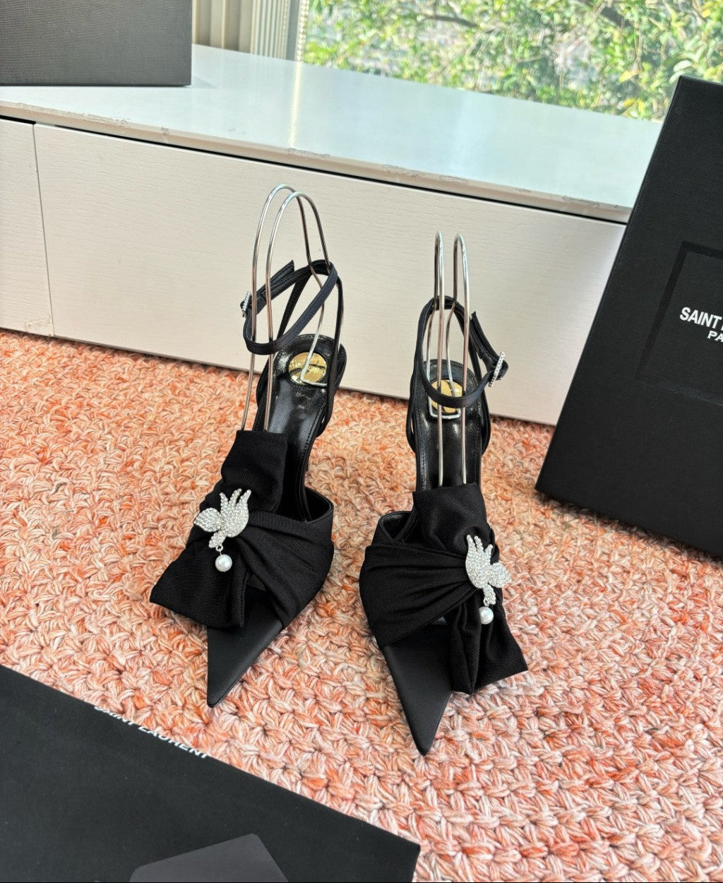 Saint Laurent Dove Sandals in Satin Crepe and Rhinestones Black / Black