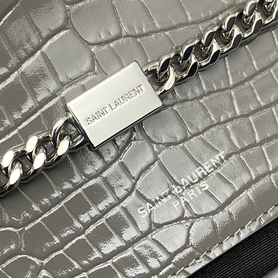 Saint Laurent Shoulder Bag Grafite Croc Ferragens Prata