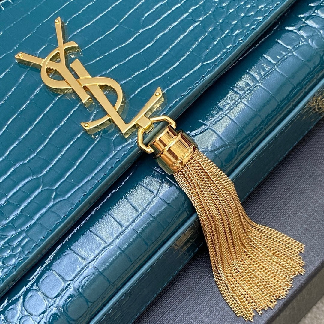 Saint Laurent Shoulder Bag Blue petróleo Croc Ferragens Douradas