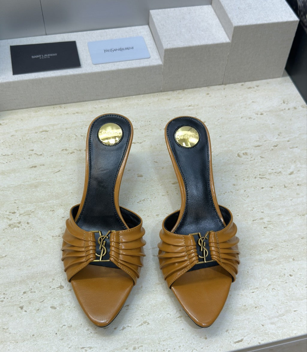 Saint Laurent Babylone Cassandra Draped Leather Mule Camel