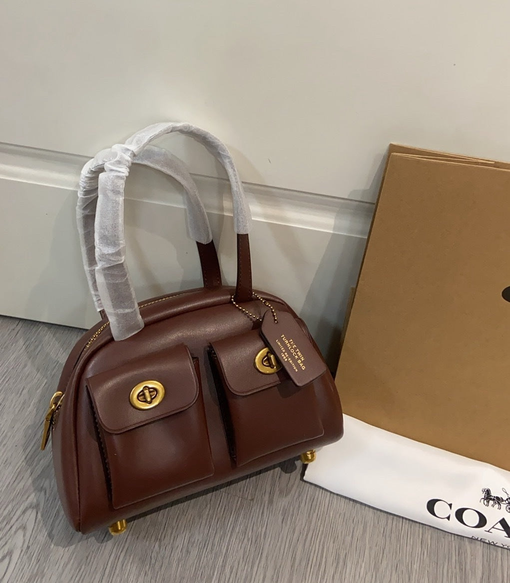 Coach Twin Turnlock Satchel Bag 20 Café Escuro Ferragens Douradas