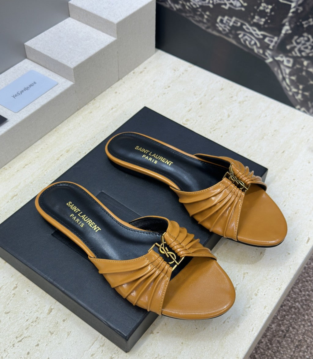 Saint Laurent  Flat Slide Sandals Camel Gold