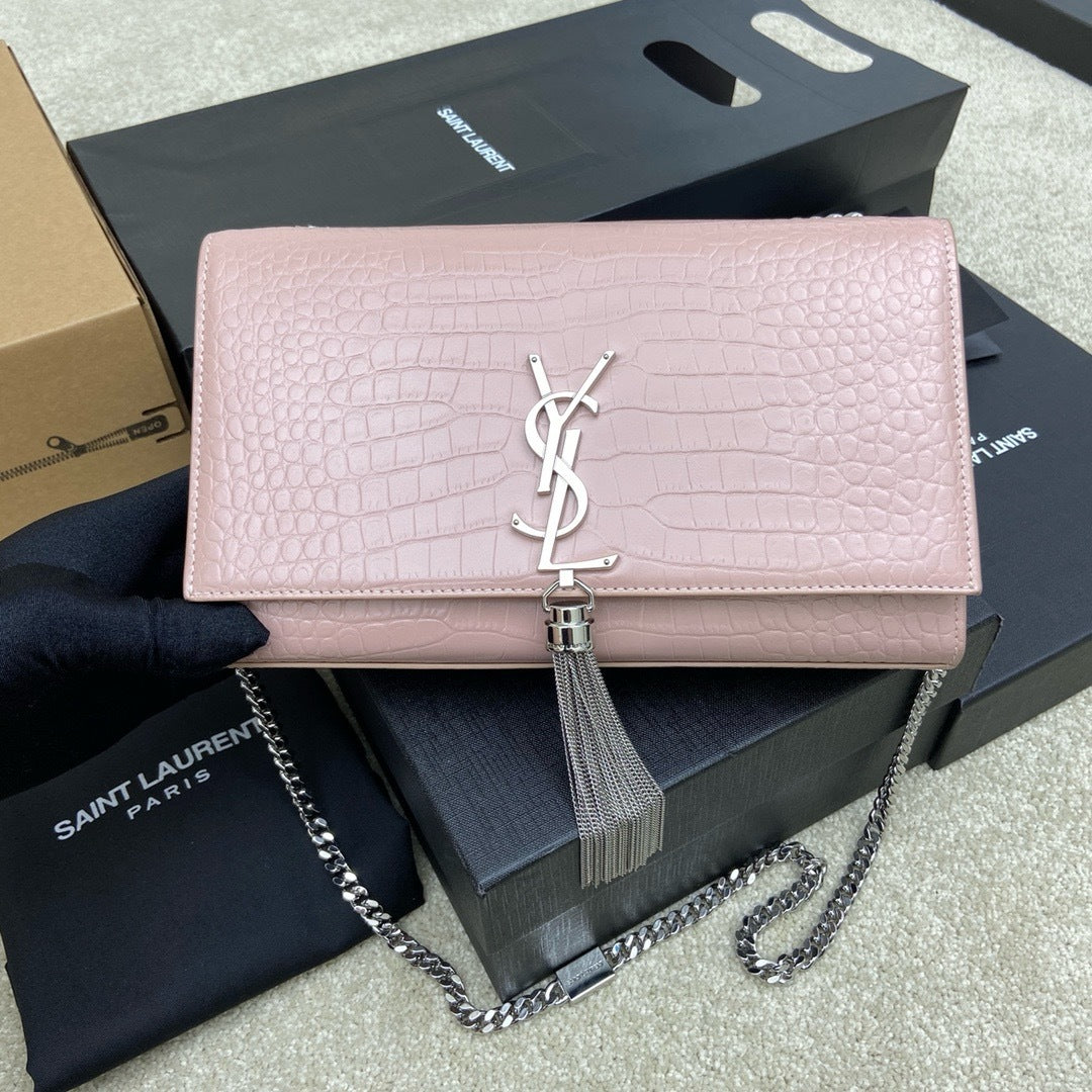 Saint Laurent Shoulder Bag Pink Blush Croc Ferragens Prata