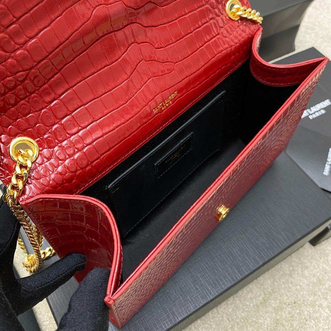 Saint Laurent Shoulder Bag Red Croc Ferragens Douradas