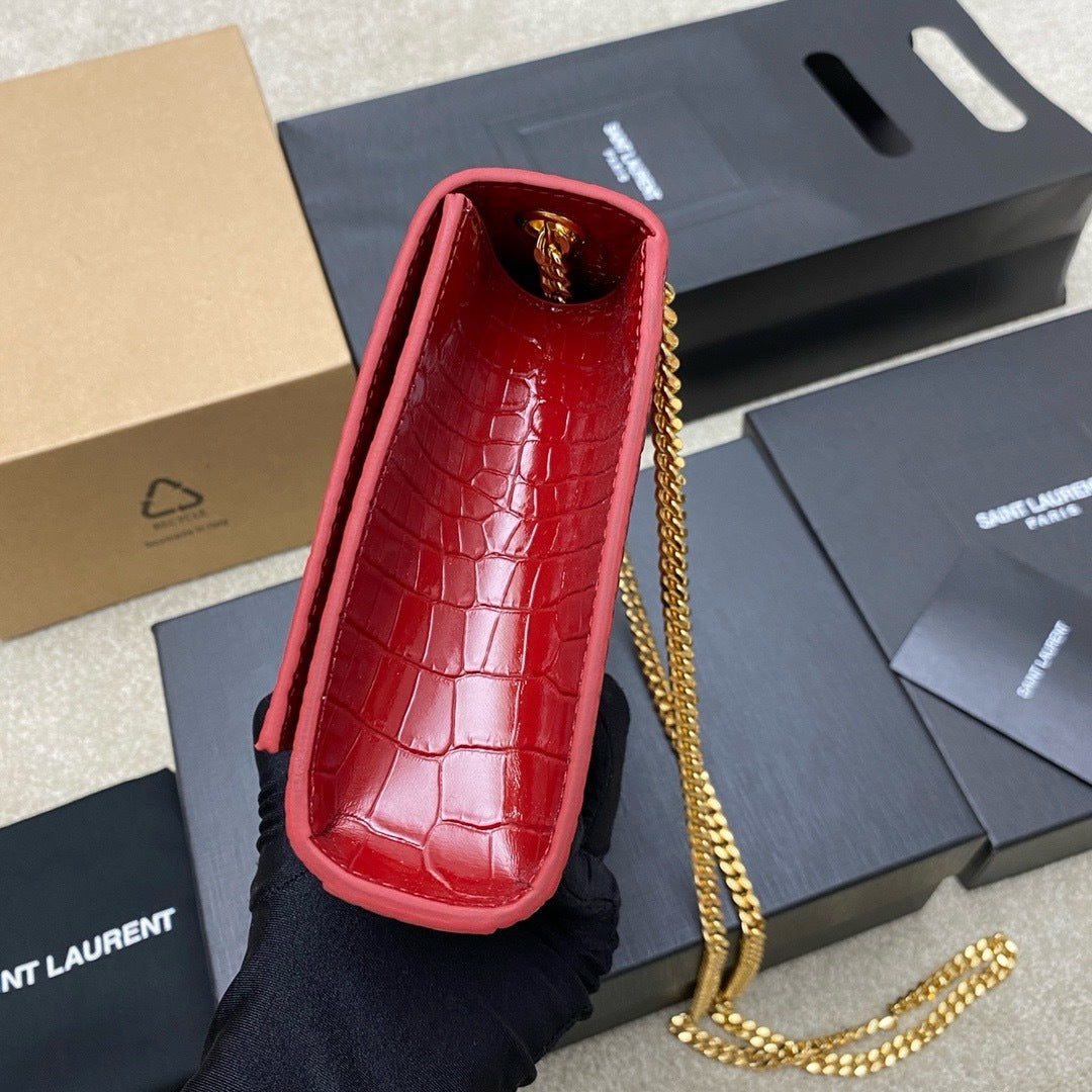 Saint Laurent Shoulder Bag Red Croc Ferragens Douradas
