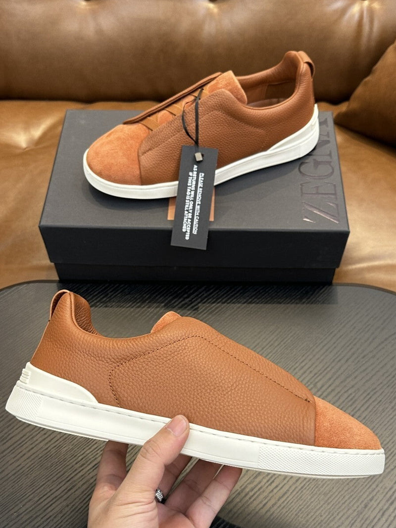 zegna Tobacco Suede Triple Stitch Sneakers