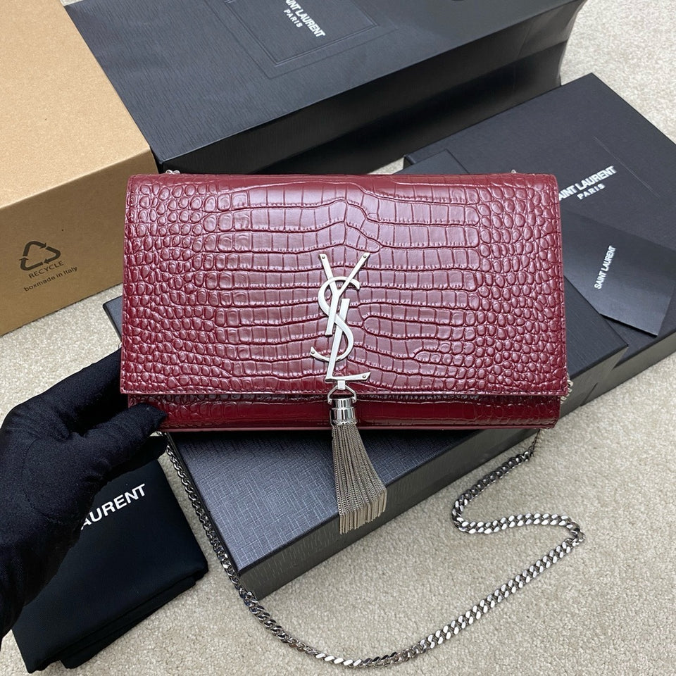 Saint Laurent Shoulder Bag Bordo Croc Ferragens Prata