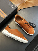 zegna Tobacco Suede Triple Stitch Sneakers