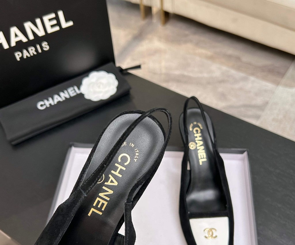 Chanel Slingback Heel Suede Black White Gold