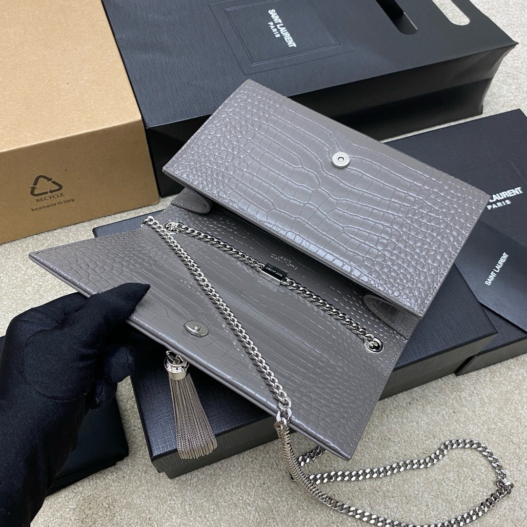 Saint Laurent Shoulder Bag Grafite Croc Ferragens Prata