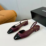 Sapatilha Chanel Slingback Flat Vinho com Bico Preto Envernizado