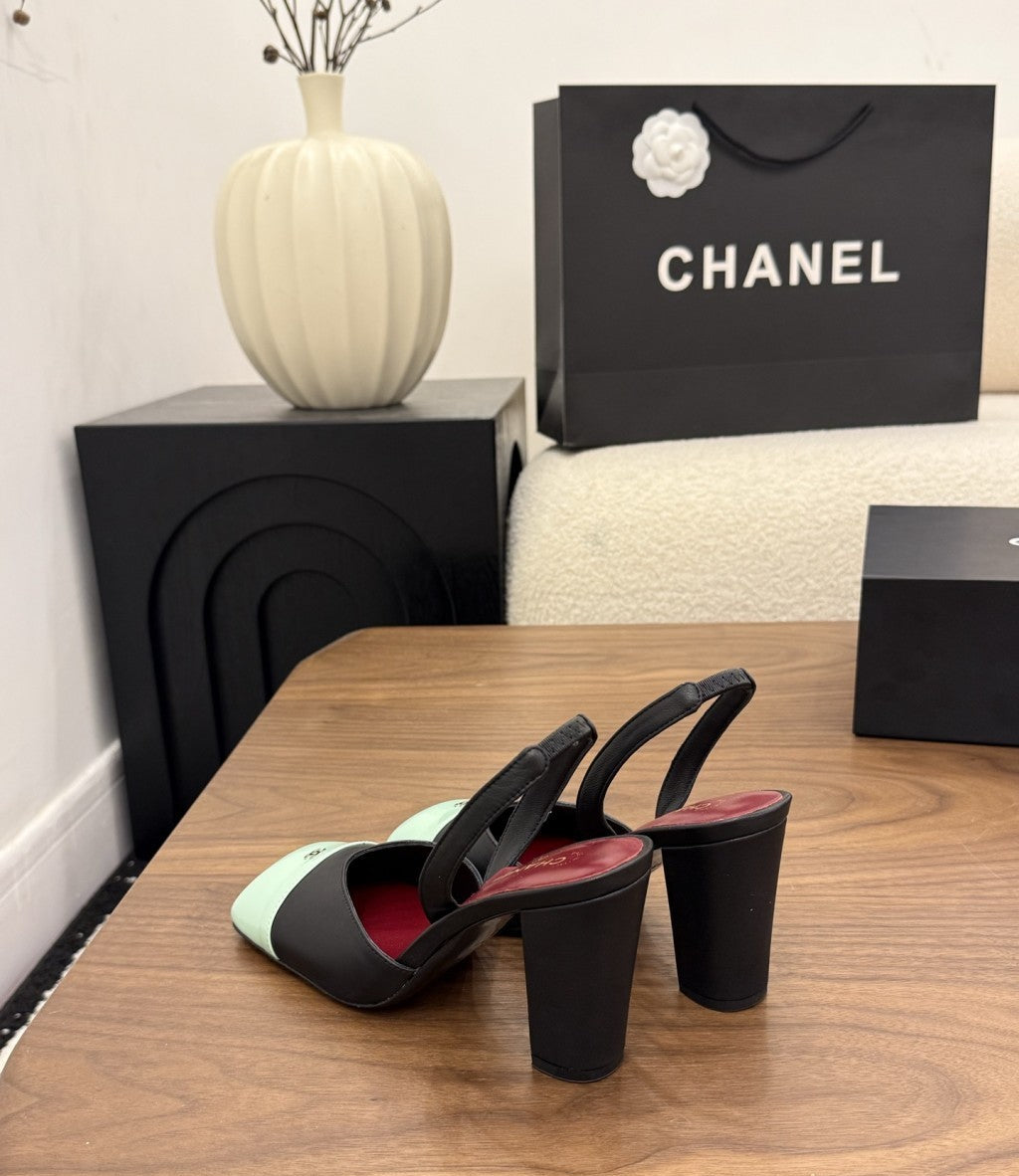 Chanel Slingback Block Heel  Black Mint & Green  Patent. Salto 9 cm.